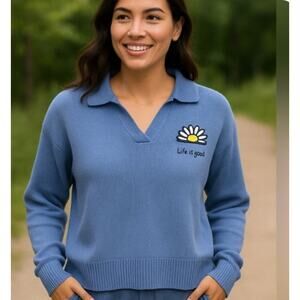Life is Good Collared V-Neck Sweater Blue Daisy Graphic Pullover Size Medium